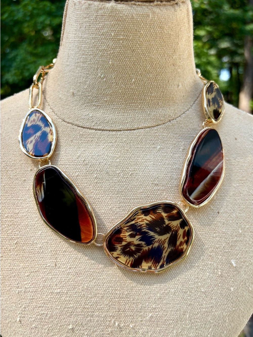 Gold-Tone Multicolor Animal Print Statement Necklace Earrings Set